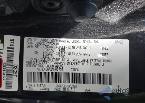 2022 Toyota Tundra Sr5 из США, поврежденный, VIN 5TFLA5AA2NX007531